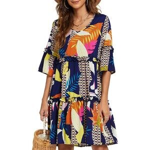 Funlingo Flowy Tunic Mini Dress Short Sleeve V Neck Swing Dress Sz L